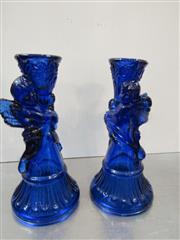 VINTAGE LOT OF 7 COBALT BLUE GLASS CANDLE HOLDERS